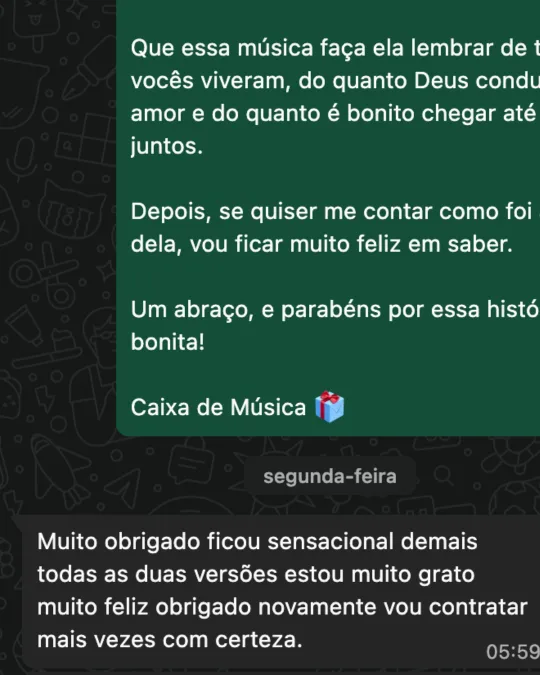 Cliente no WhatsApp: "ficou sensacional demais, vou contratar mais vezes com certeza"